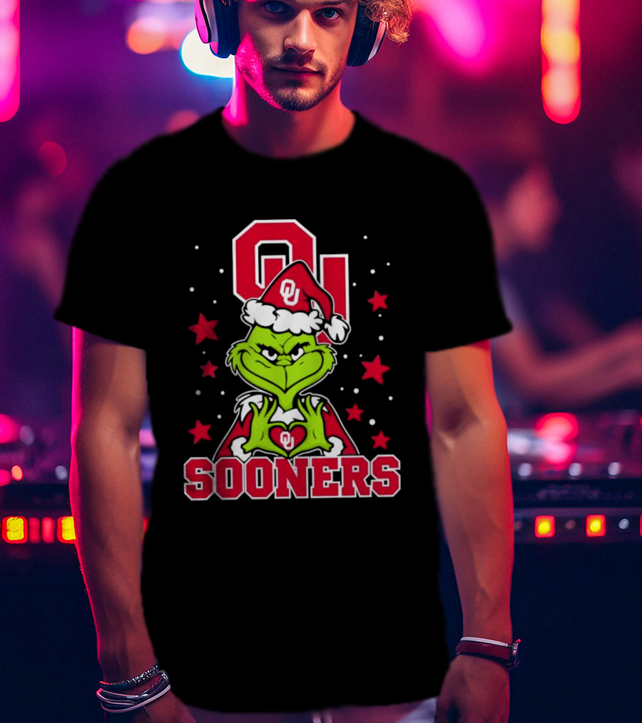 Oklahoma Sooners Grinch Christmas Heart Hands OU Santa Hat T-Shirt