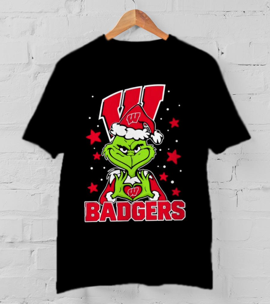 Grinch Wearing Wisconsin Badgers Hat Christmas Sports Fan T-Shirt