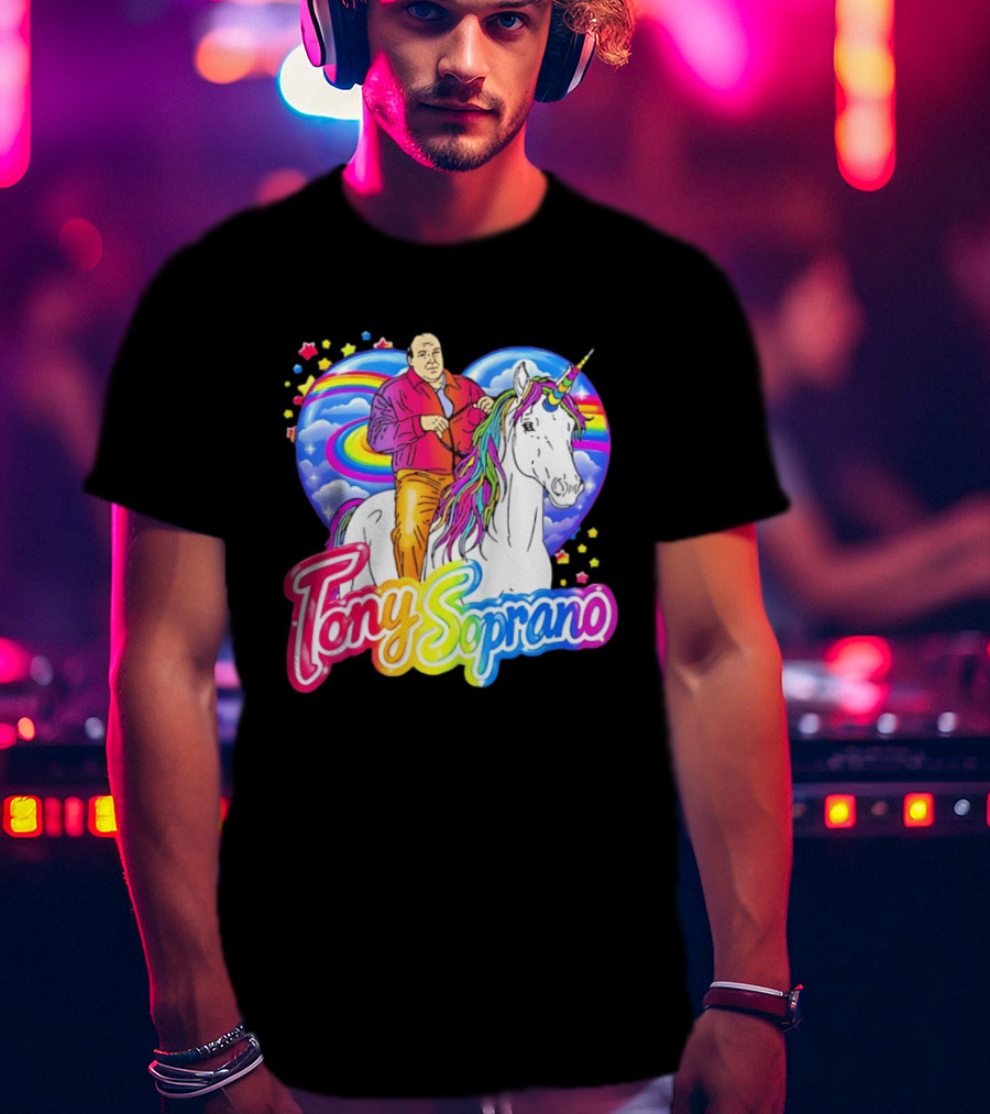 Tony Soprano Riding Rainbow Unicorn With Heart And Stars T-Shirt