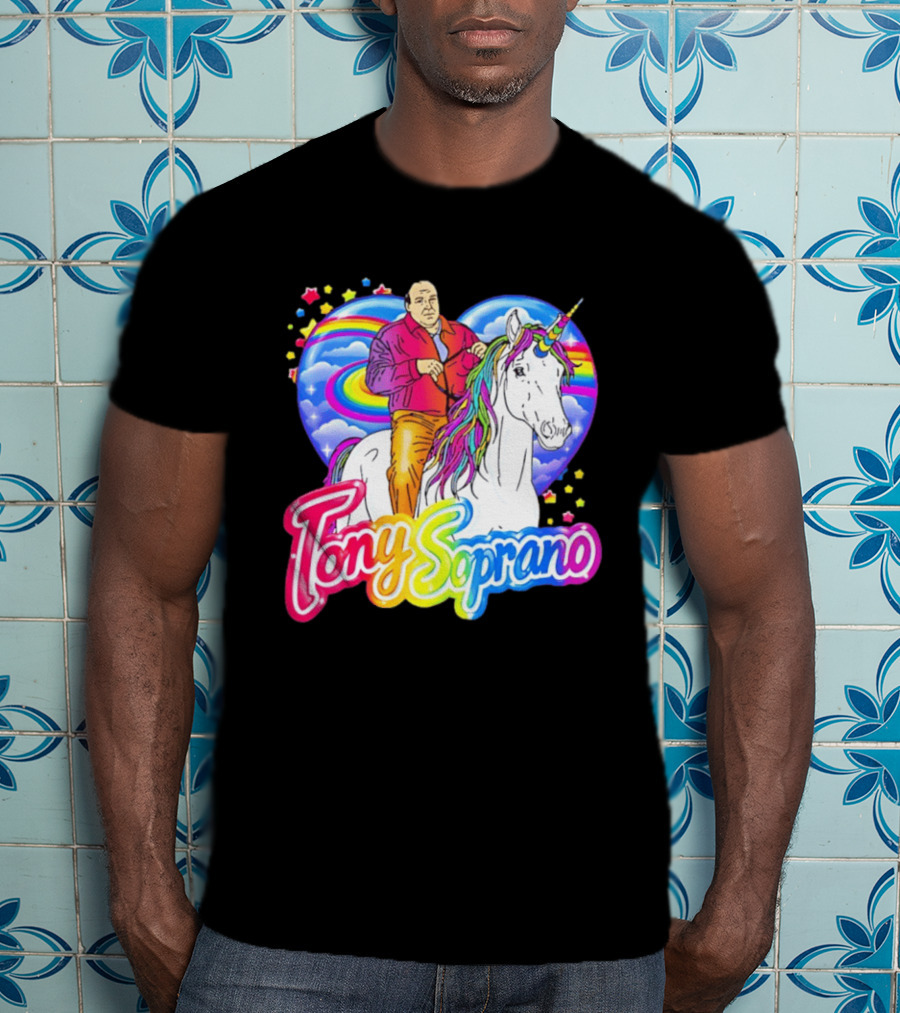 Tony Soprano Riding Rainbow Unicorn With Heart And Stars T-Shirt