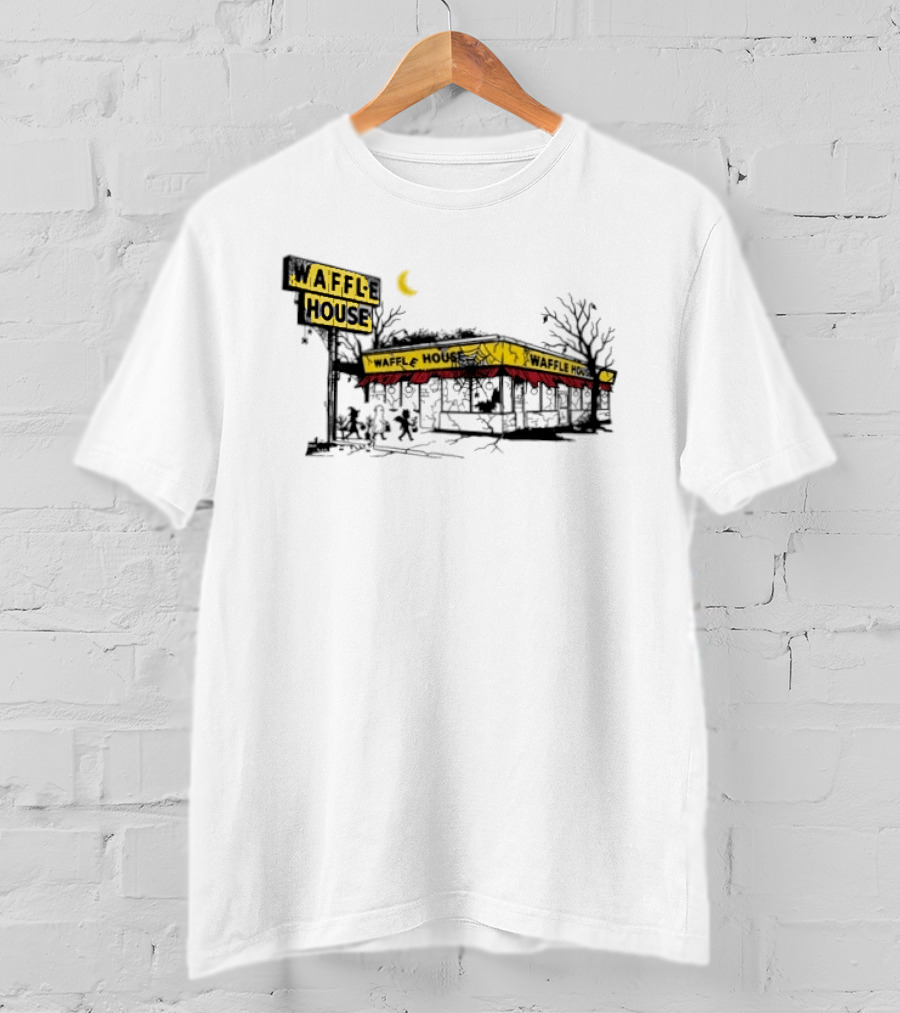 Haunted Waffle House Halloween 2026 Spooky Night Scene With Moon And Trees T-Shirt