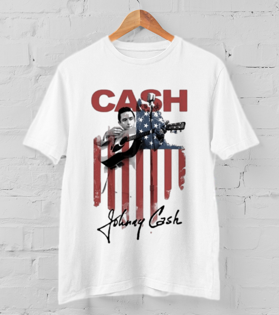 Johnny Cash American Flag Red Guitar Microphone T-Shirt