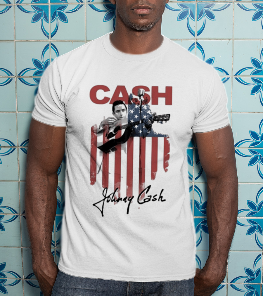 Johnny Cash American Flag Red Guitar Microphone T-Shirt
