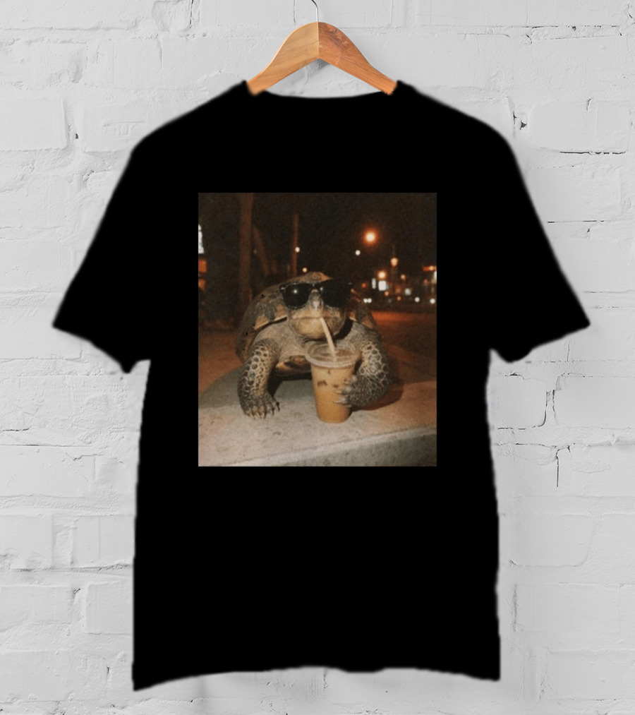 Turtle Wearing Sunglasses Drinking Iced Coffee At Night T-Shirt