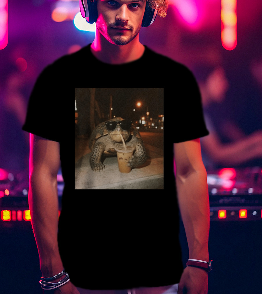 Turtle Wearing Sunglasses Drinking Iced Coffee At Night T-Shirt
