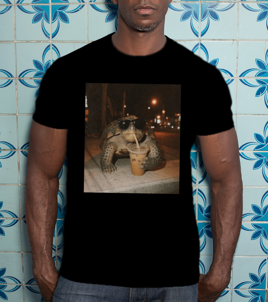 Turtle Wearing Sunglasses Drinking Iced Coffee At Night T-Shirt