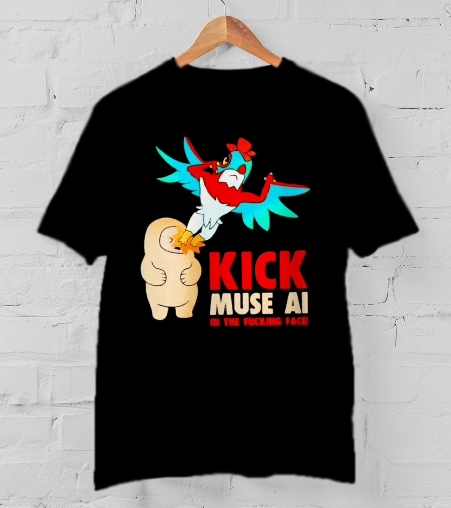 Kick Muse AI In The Face Protest Cartoon Bird Kicking T-Shirt