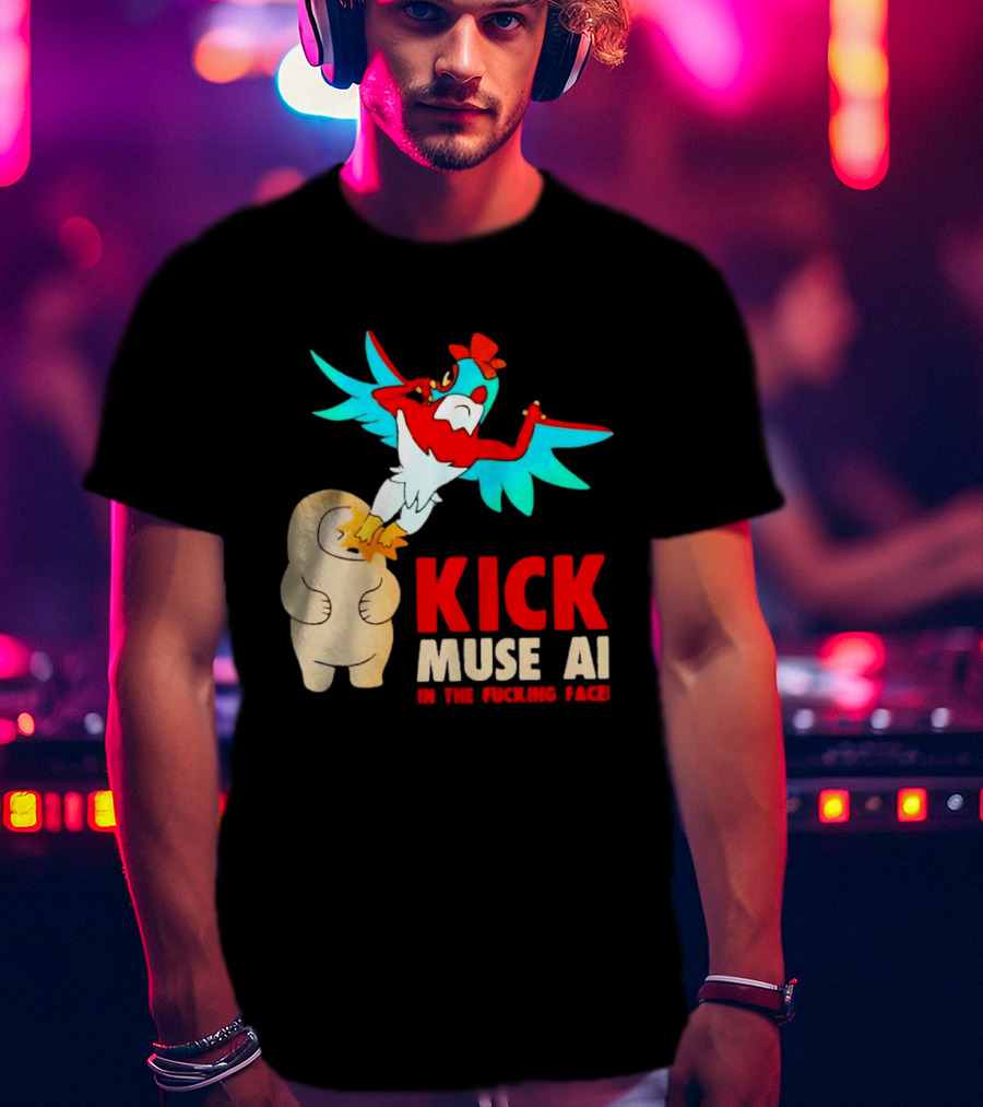 Kick Muse AI In The Face Protest Cartoon Bird Kicking T-Shirt