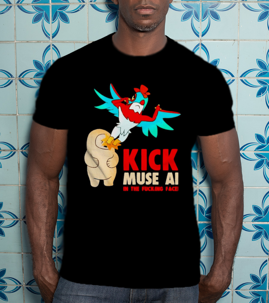 Kick Muse AI In The Face Protest Cartoon Bird Kicking T-Shirt