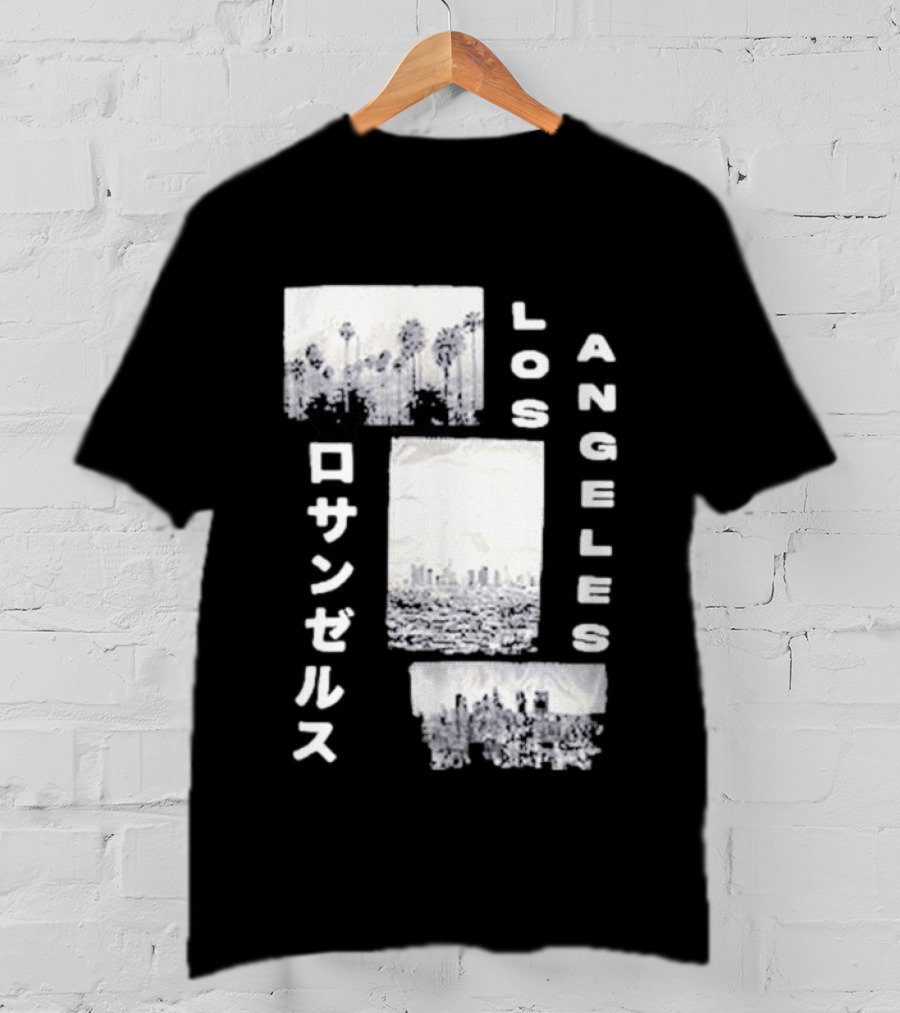 Los Angeles Cityscape With Japanese Text Satin Patch T-Shirt