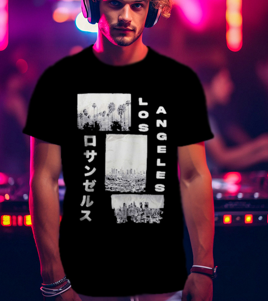 Los Angeles Cityscape With Japanese Text Satin Patch T-Shirt