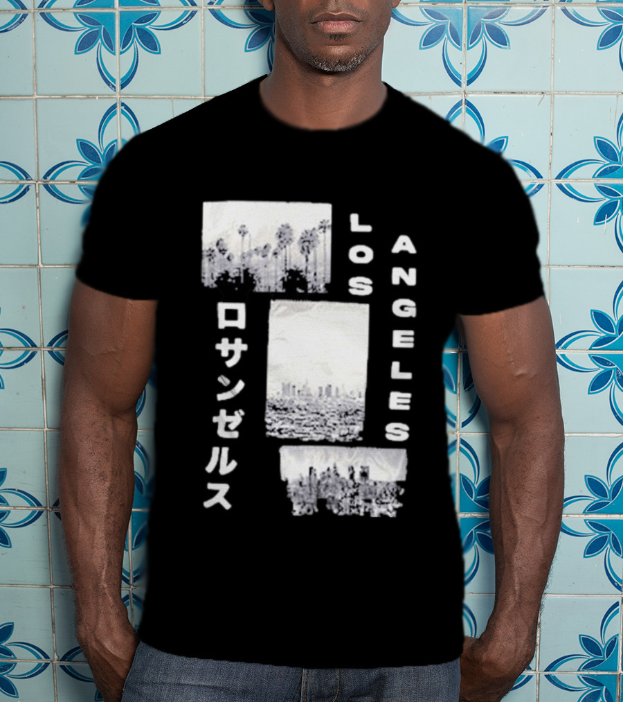 Los Angeles Cityscape With Japanese Text Satin Patch T-Shirt