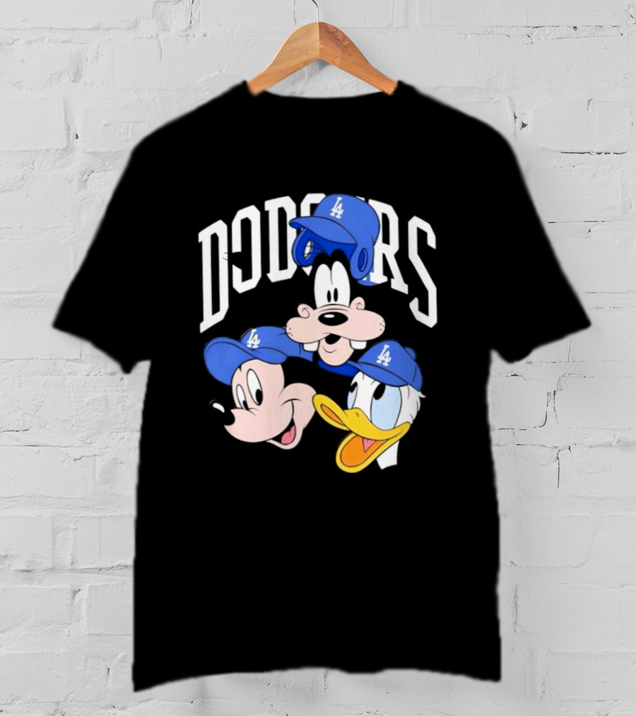 Mickey Mouse Goofy Donald Duck Dodgers Baseball LA Hats T-Shirt