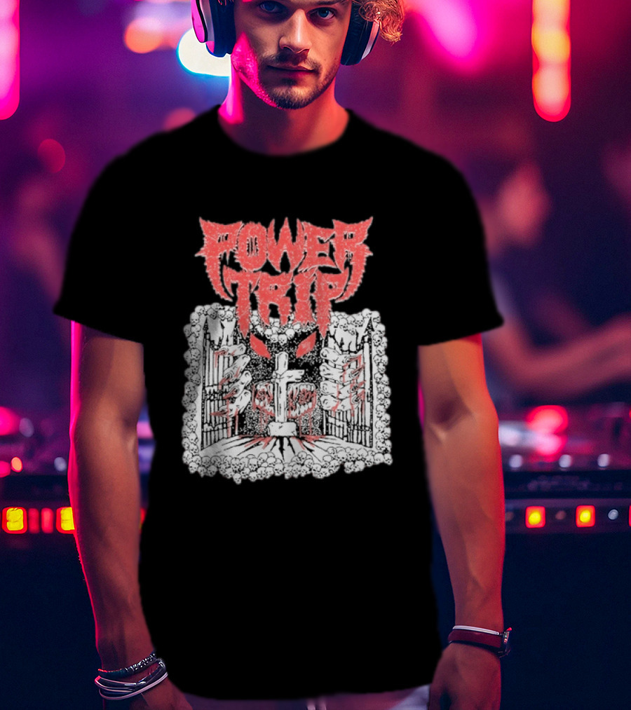Power Trip Demon Gate Skeleton Cross Red Eyes T-Shirt