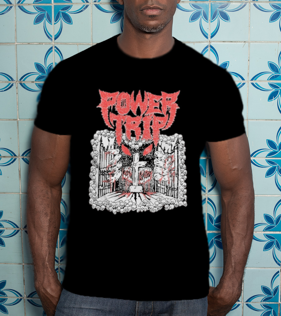 Power Trip Demon Gate Skeleton Cross Red Eyes T-Shirt