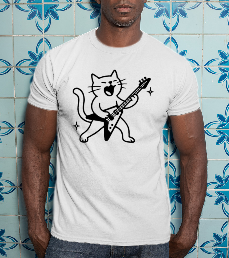 Rocking Cat Playing Electric Guitar With Sparkles T-Shirt