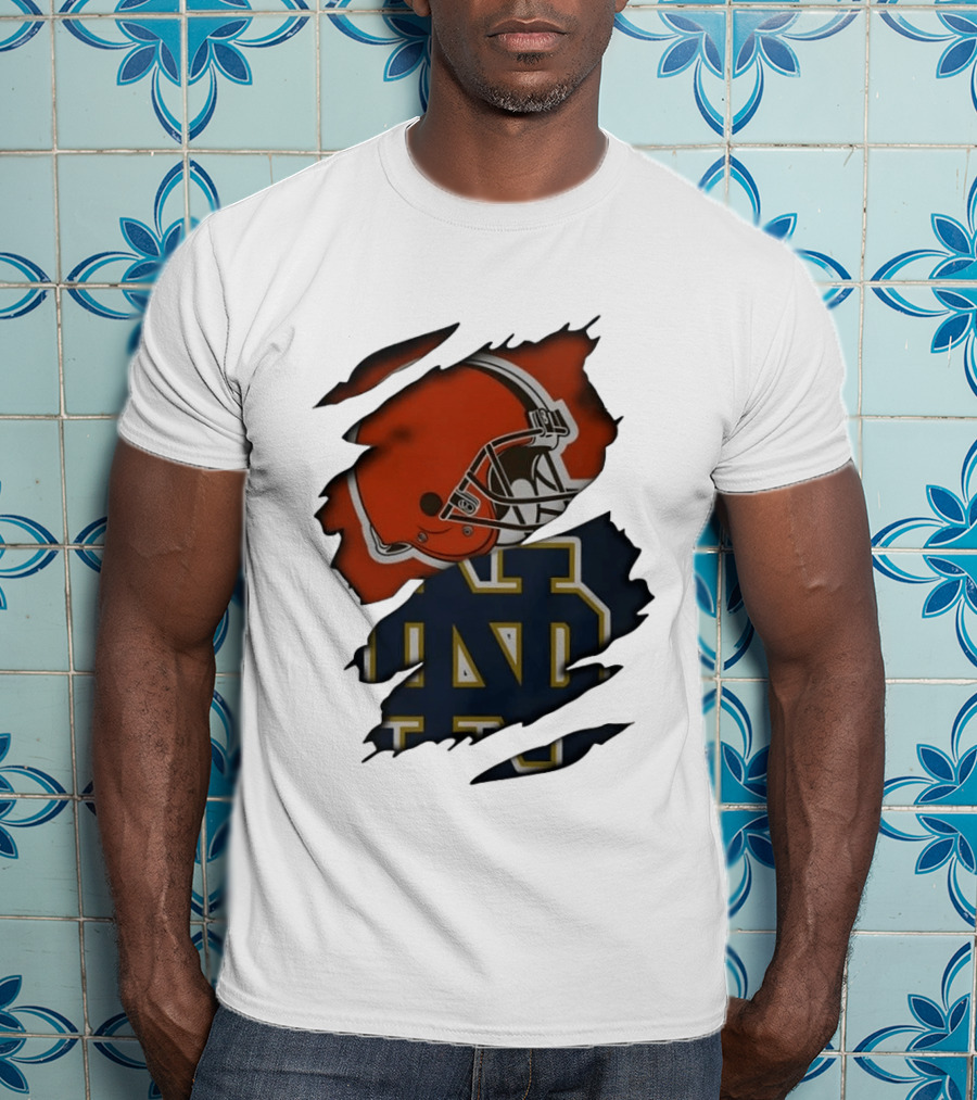 Cleveland Browns Notre Dame Fighting Irish Ripped Helmet ND T-Shirt