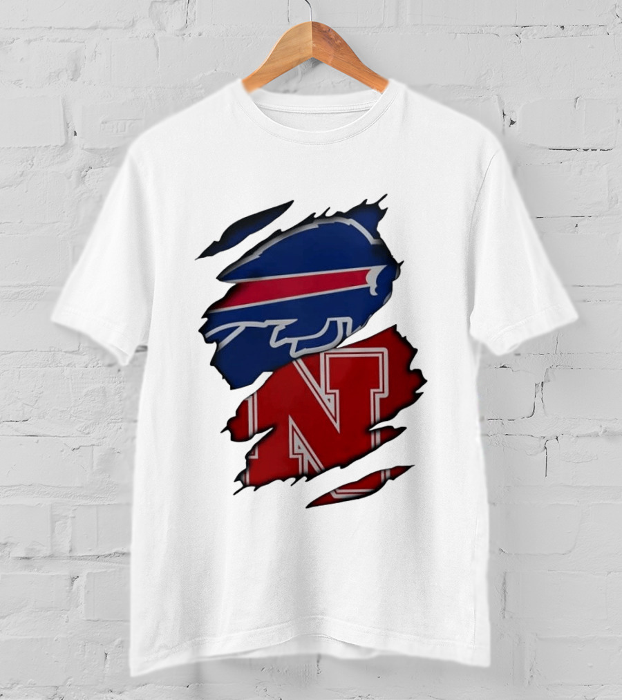 Buffalo Bills Nebraska Cornhuskers Ripped Effect Football Logos T-Shirt