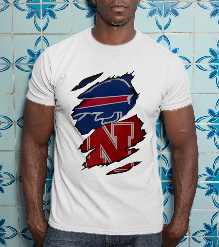 Buffalo Bills Nebraska Cornhuskers Ripped Effect Football Logos T-Shirt