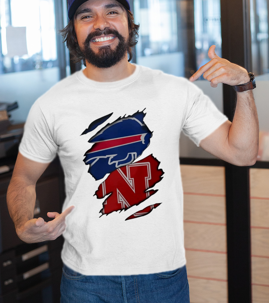 Buffalo Bills Nebraska Cornhuskers Ripped Effect Football Logos T-Shirt
