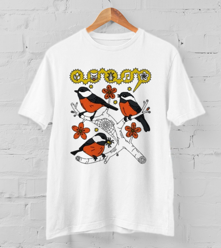 Chickadee Birds With Flowers And Music Notes T-Shirt