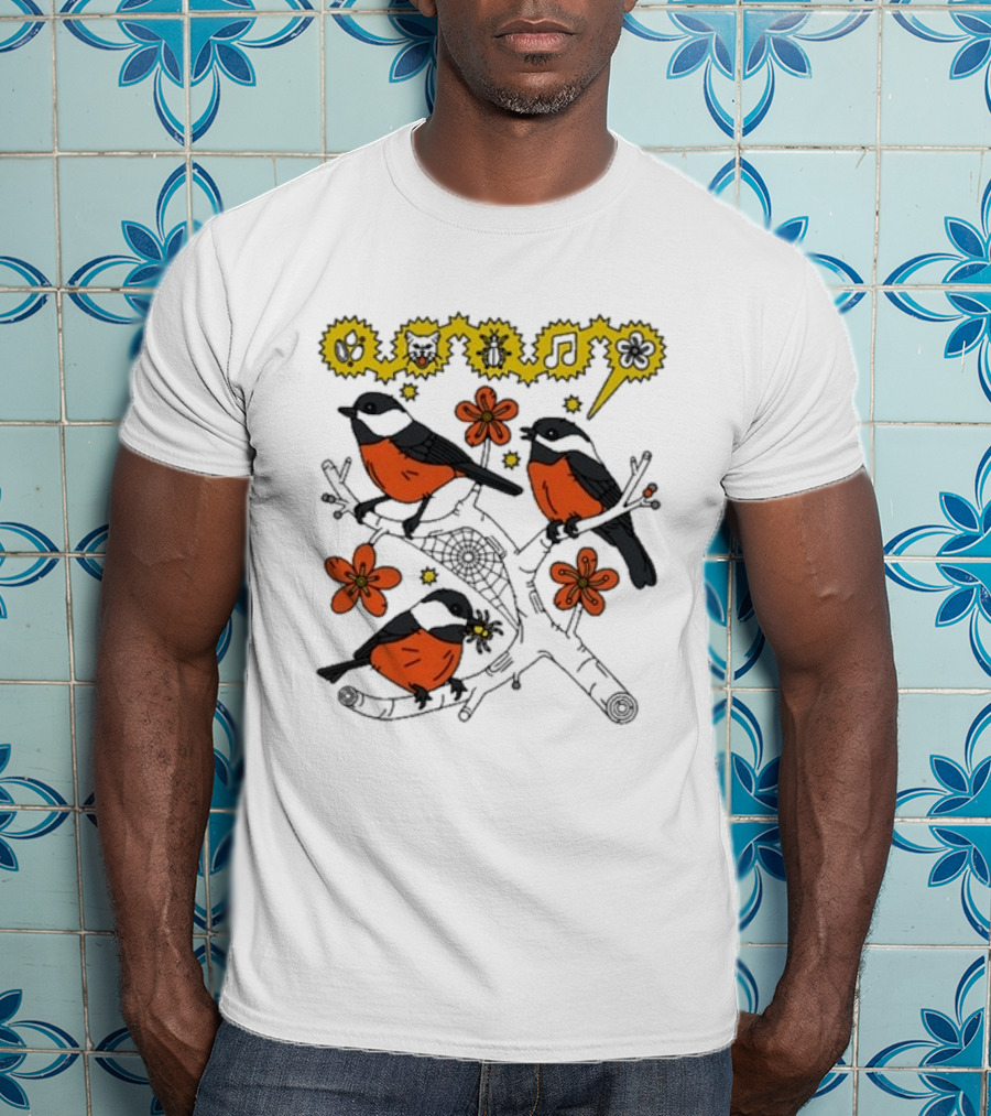 Chickadee Birds With Flowers And Music Notes T-Shirt