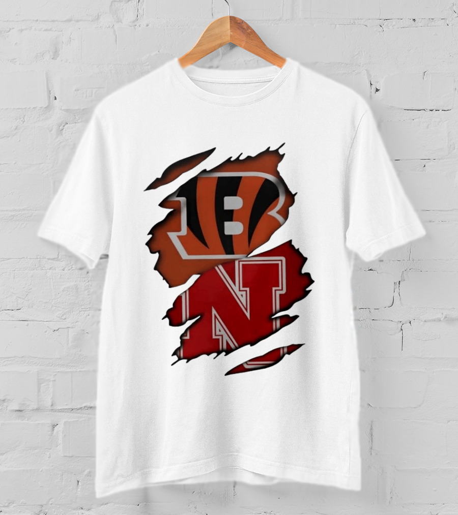Cincinnati Bengals Nebraska Cornhuskers Combined Logos Ripped Fan Pride T-Shirt