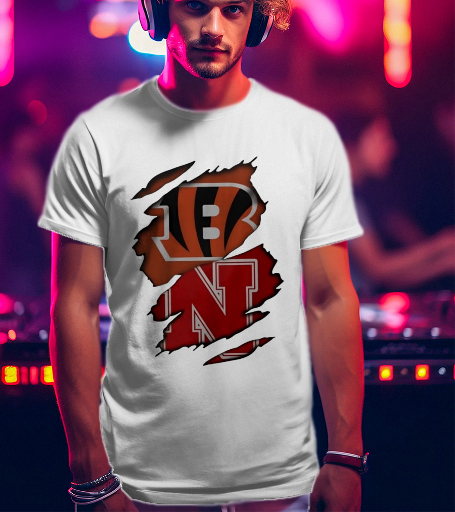 Cincinnati Bengals Nebraska Cornhuskers Combined Logos Ripped Fan Pride T-Shirt