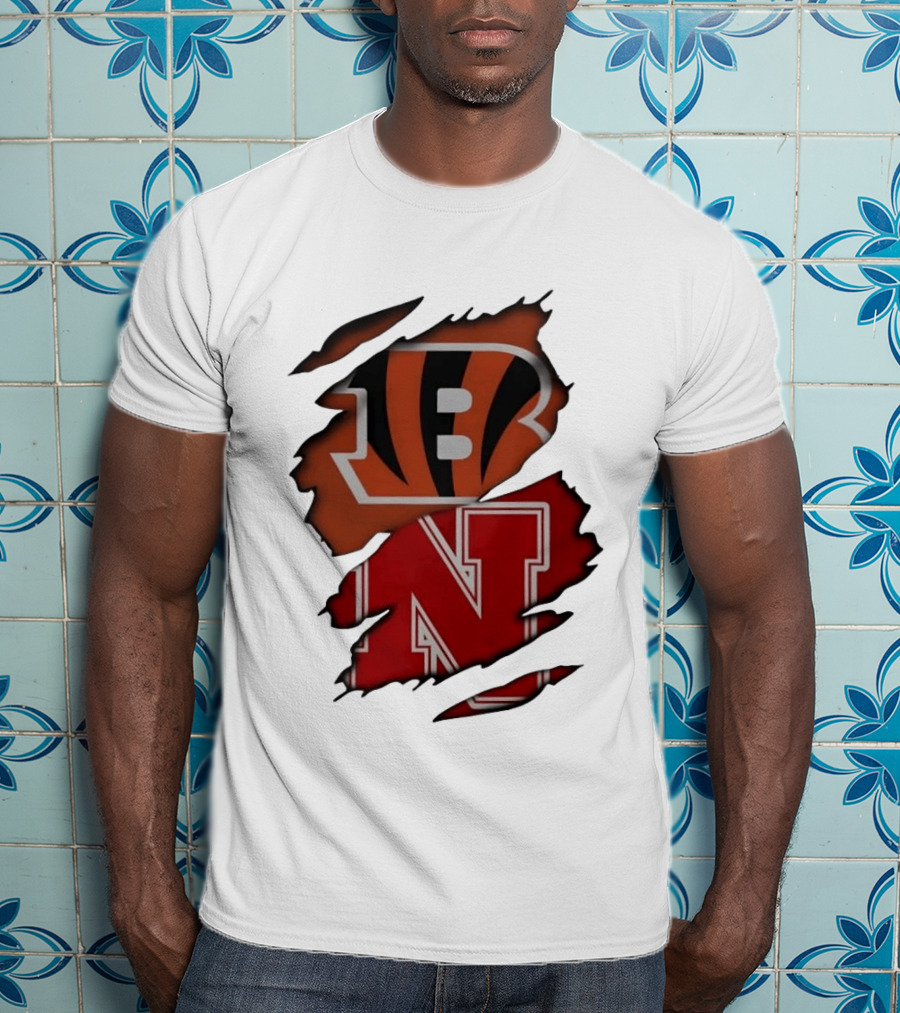 Cincinnati Bengals Nebraska Cornhuskers Combined Logos Ripped Fan Pride T-Shirt