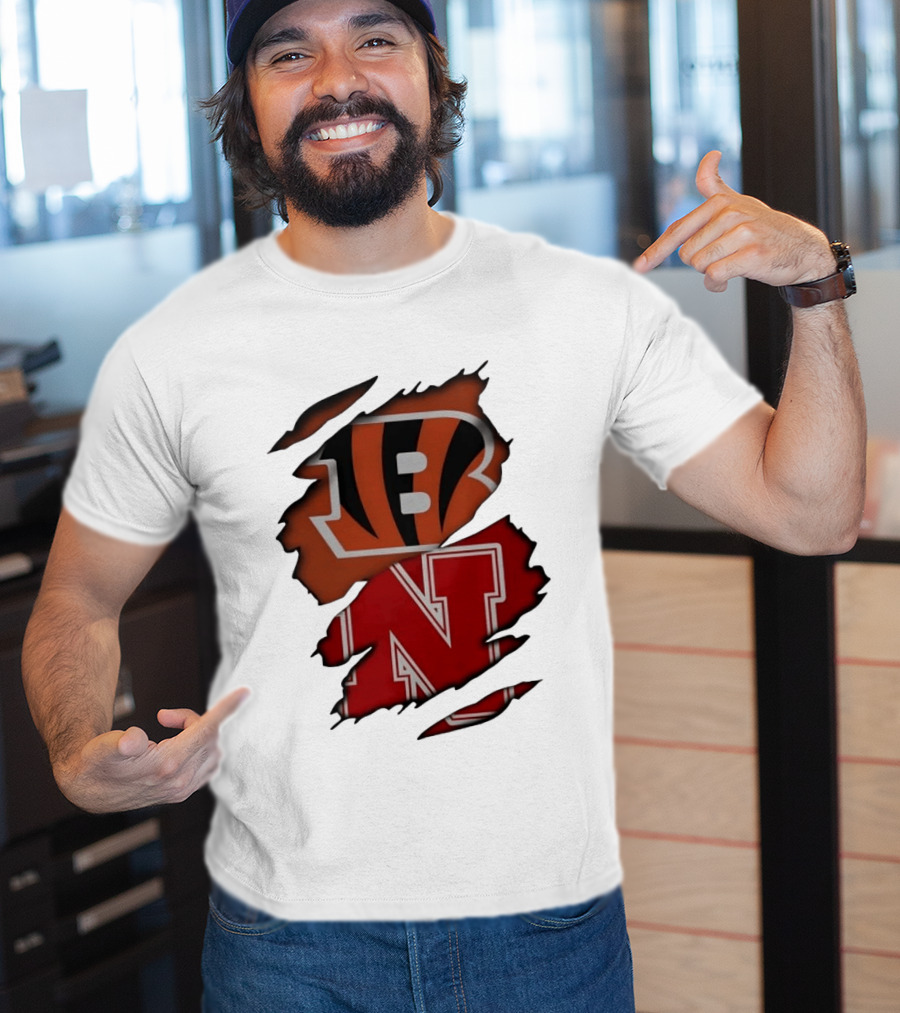Cincinnati Bengals Nebraska Cornhuskers Combined Logos Ripped Fan Pride T-Shirt