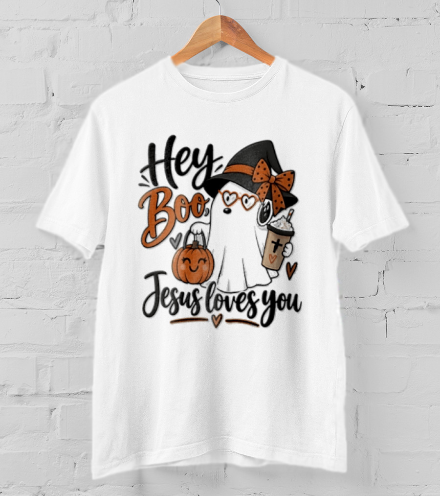 Hey Boo Jesus Loves You Ghost Witch Hat Glasses Pumpkin T-Shirt