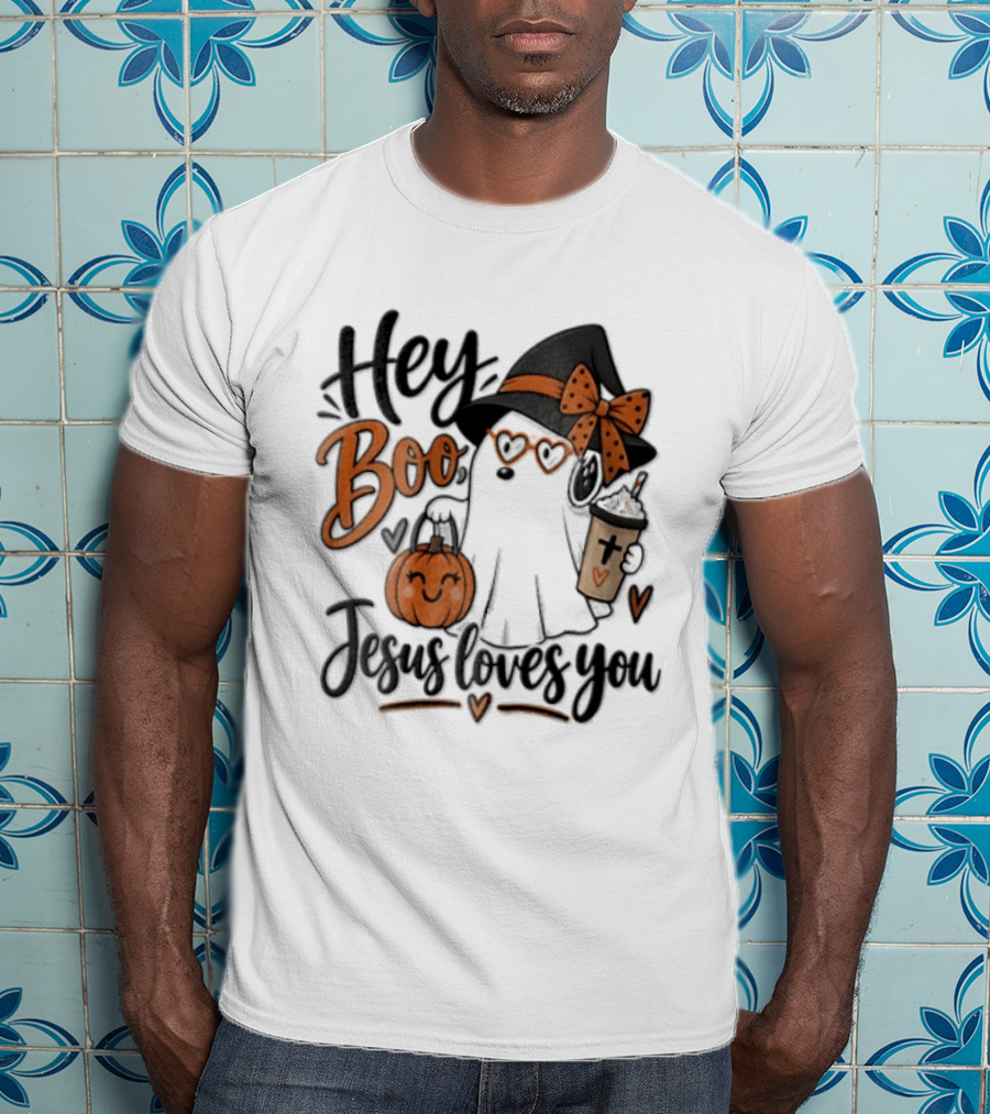 Hey Boo Jesus Loves You Ghost Witch Hat Glasses Pumpkin T-Shirt