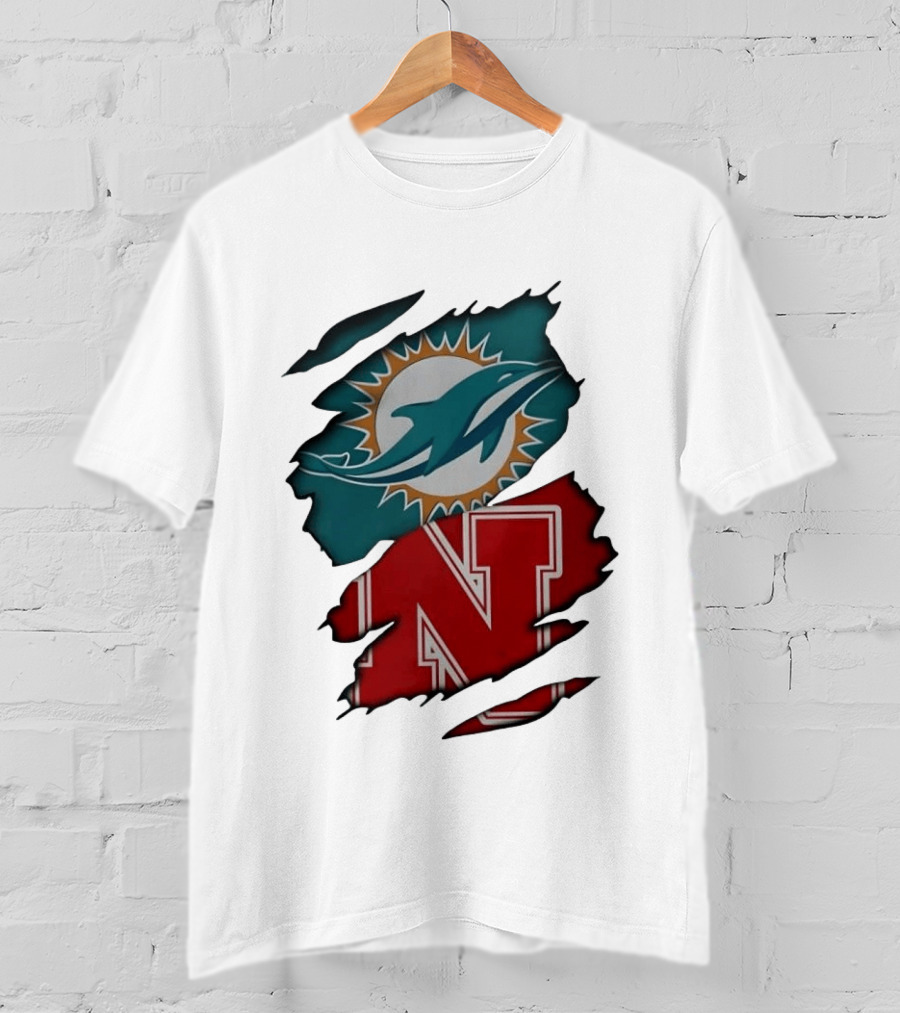 Miami Dolphins Nebraska Cornhuskers Ripped Skin Effect Football Team Fan T-Shirt