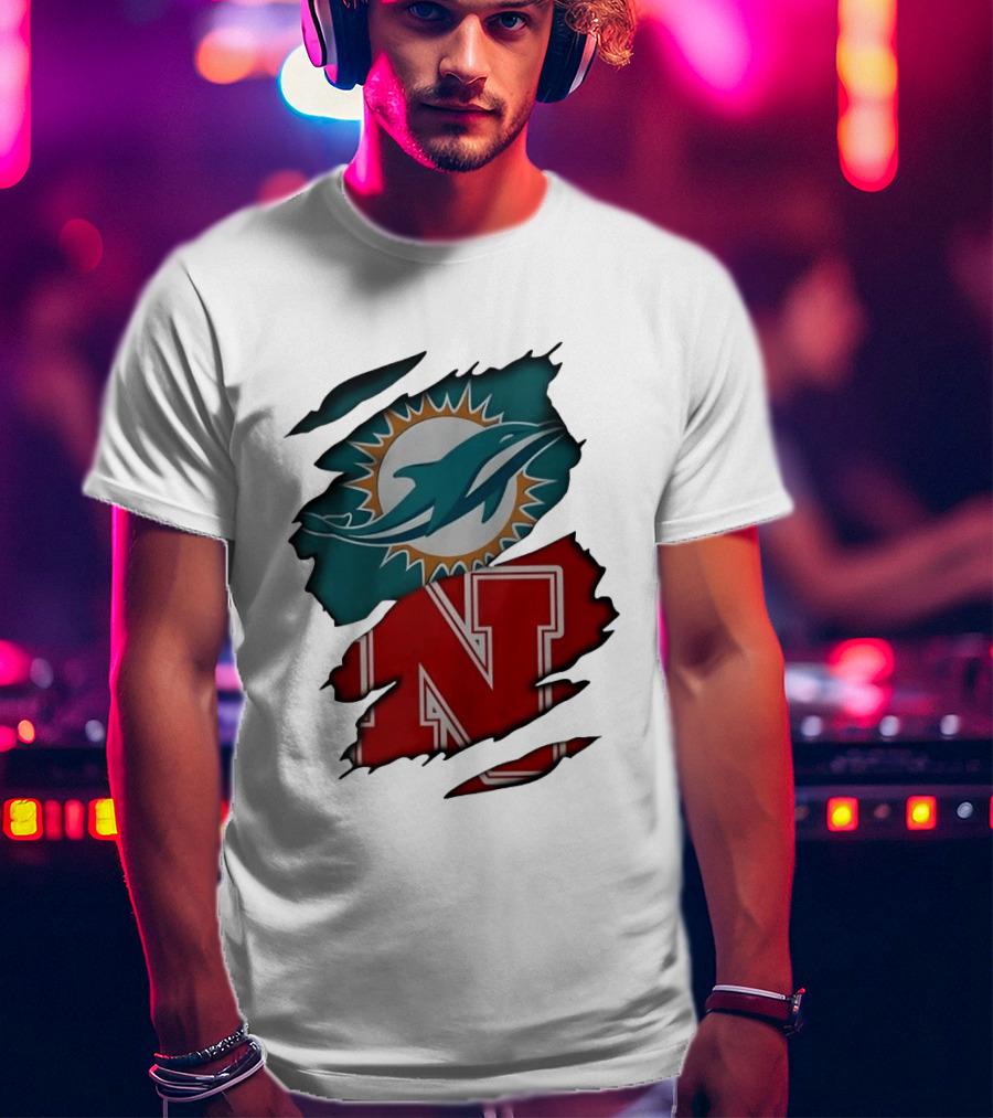 Miami Dolphins Nebraska Cornhuskers Ripped Skin Effect Football Team Fan T-Shirt