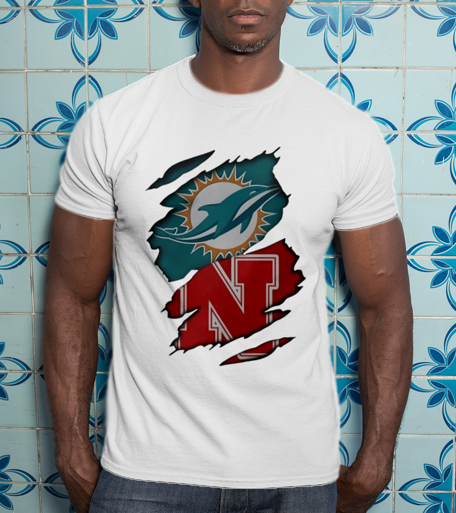 Miami Dolphins Nebraska Cornhuskers Ripped Skin Effect Football Team Fan T-Shirt