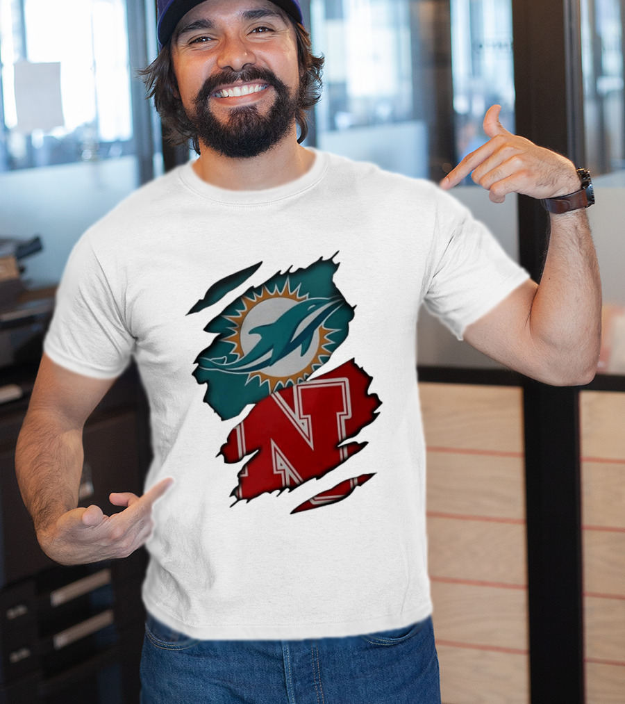 Miami Dolphins Nebraska Cornhuskers Ripped Skin Effect Football Team Fan T-Shirt