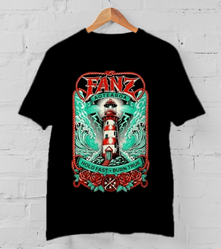 Fanz Aotearoa Hold Fast Burn True Striped Lighthouse Stormy Waves Lightning Roses Rope T-Shirt