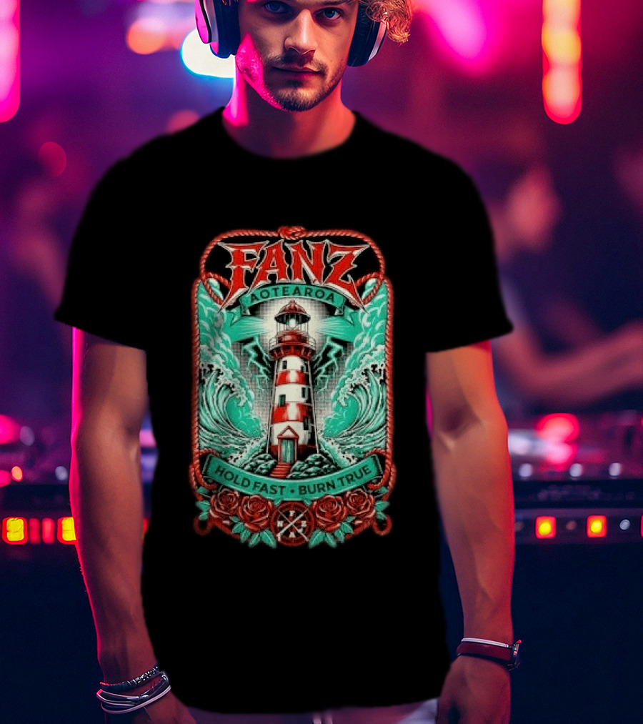 Fanz Aotearoa Hold Fast Burn True Striped Lighthouse Stormy Waves Lightning Roses Rope T-Shirt
