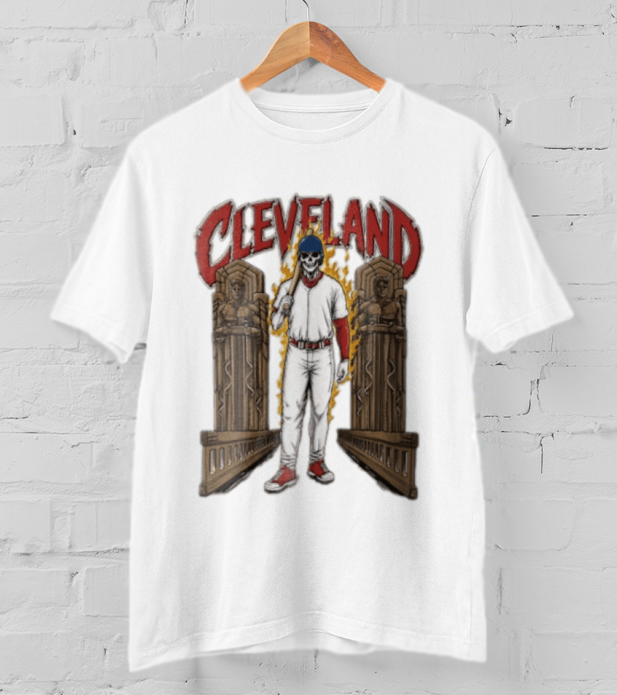 Cleveland Guardians Skeleton Baseball Player Flaming Statue T-Shirt