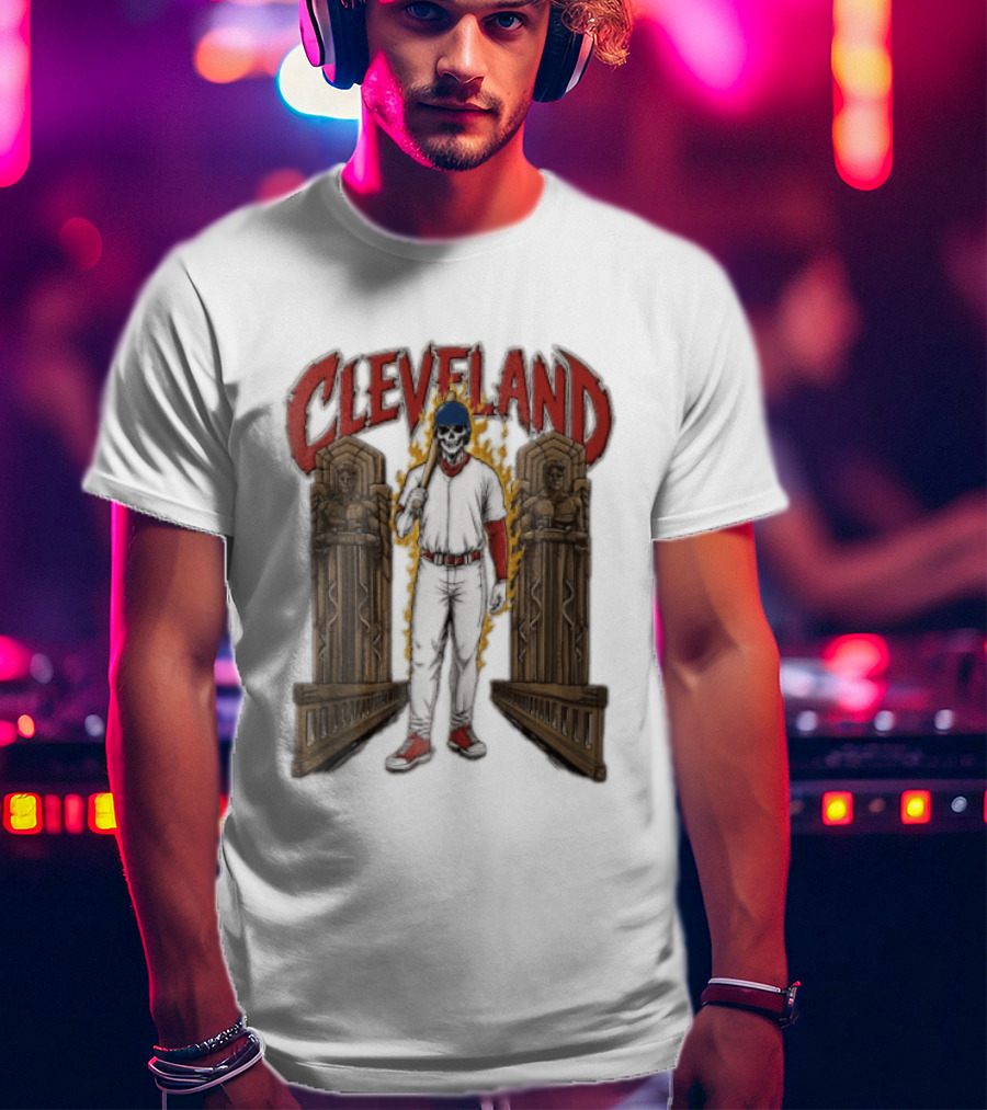 Cleveland Guardians Skeleton Baseball Player Flaming Statue T-Shirt