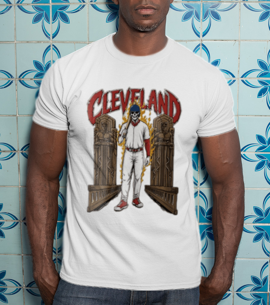 Cleveland Guardians Skeleton Baseball Player Flaming Statue T-Shirt