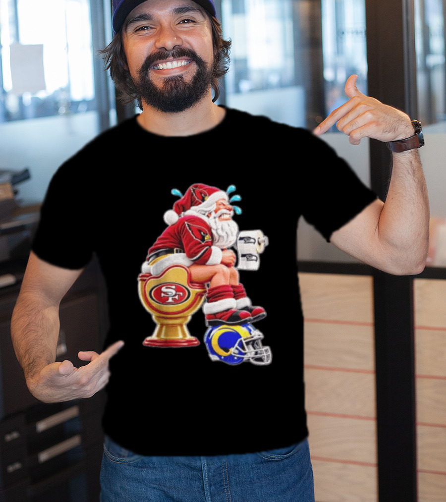 Santa Claus Sitting On San Francisco 49ers Toilet With Seattle Seahawks And Los Angeles Rams T-Shirt