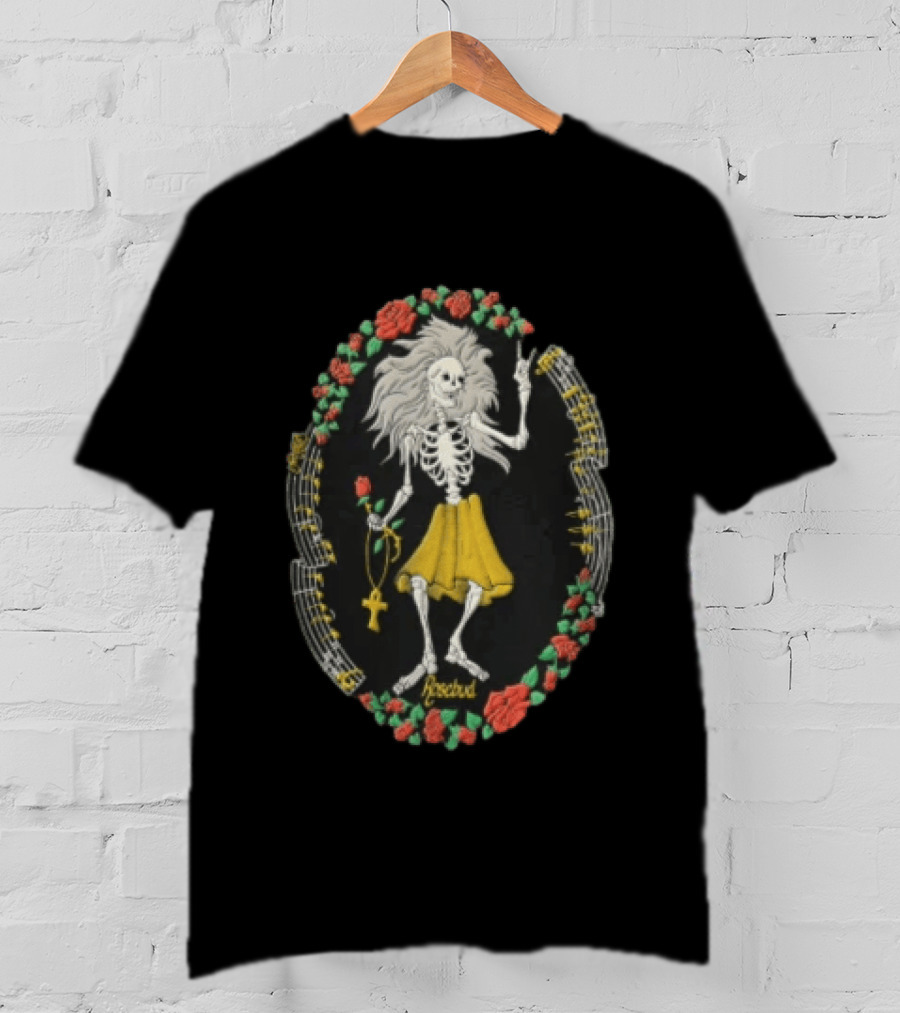 Peaceful Skeleton With Long Hair Yellow Skirt Roses And Ankh T-Shirt