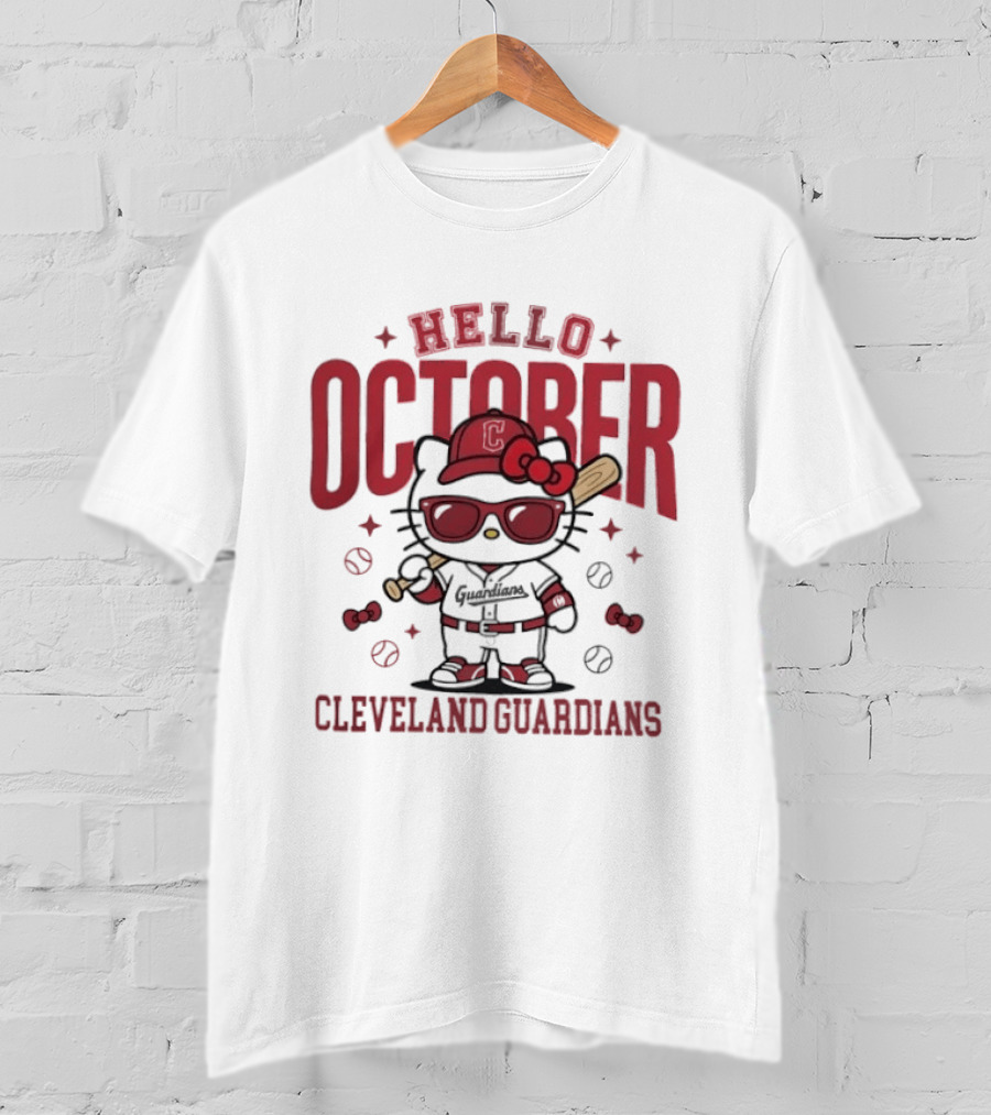 Hello Kitty Cleveland Guardians Hello October Baseball Player Cartoon T-Shirt