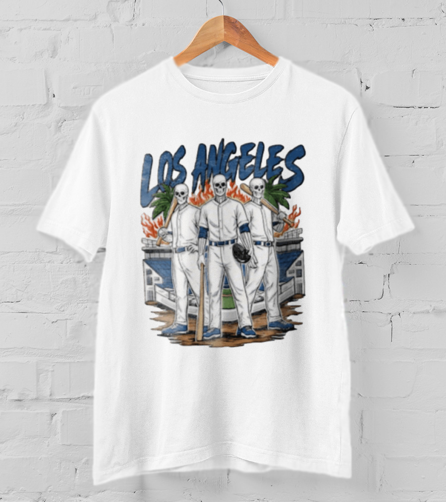 Los Angeles Skeleton Baseball Players Stadium Flames Palms T-Shirt