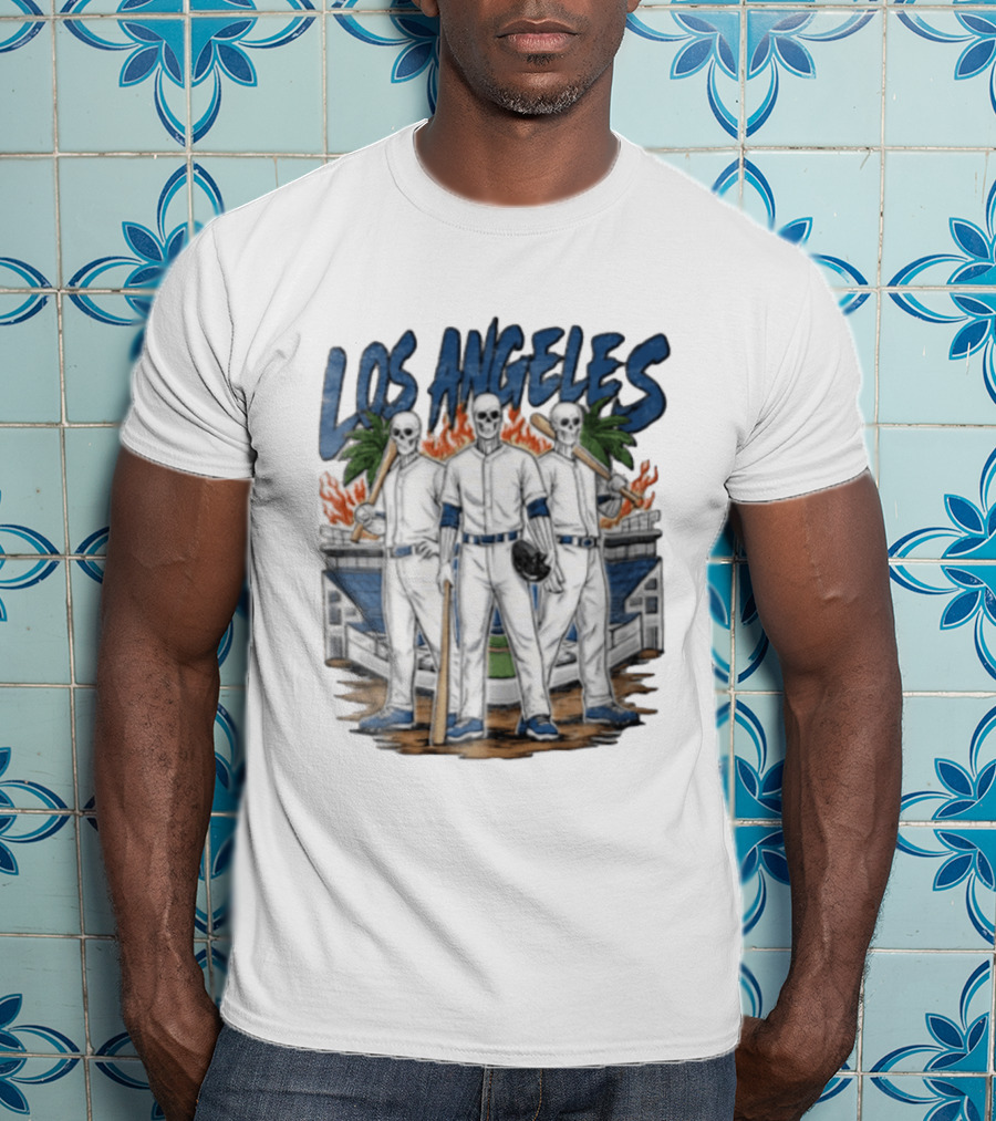 Los Angeles Skeleton Baseball Players Stadium Flames Palms T-Shirt