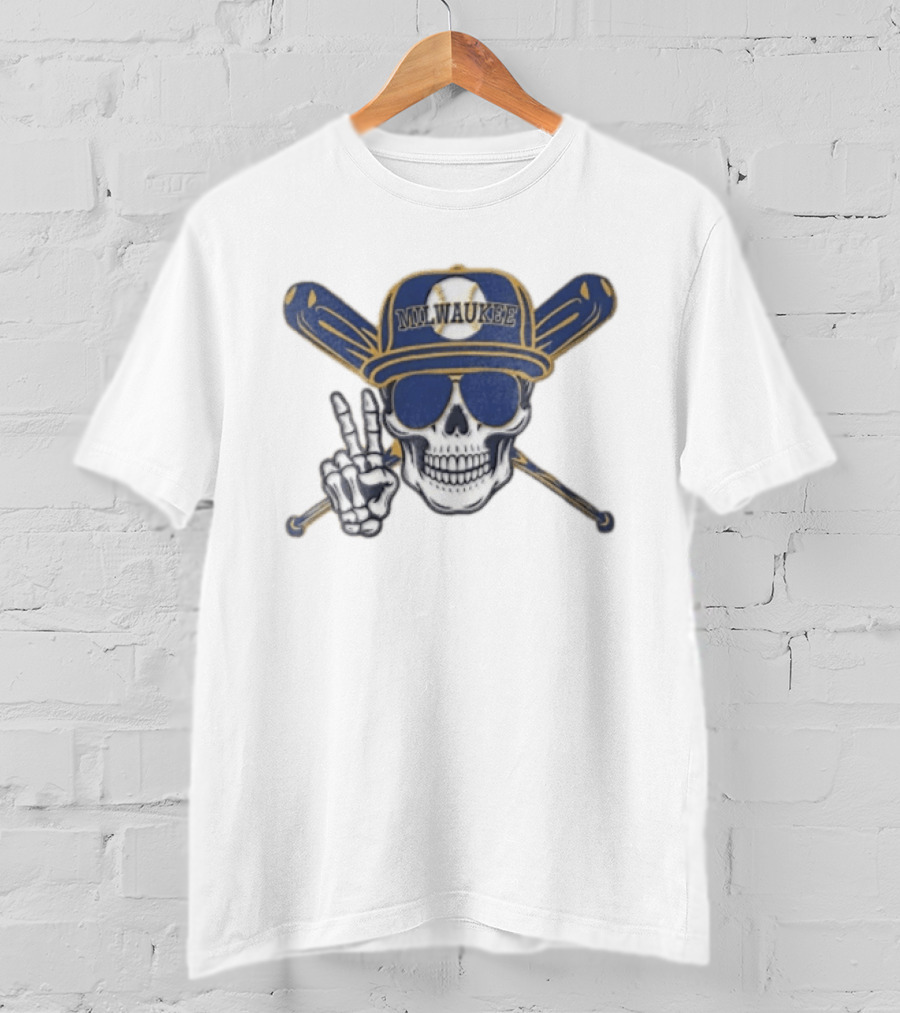 Milwaukee Brewers Skull Cap Sunglasses Peace Sign Baseball Bats T-Shirt