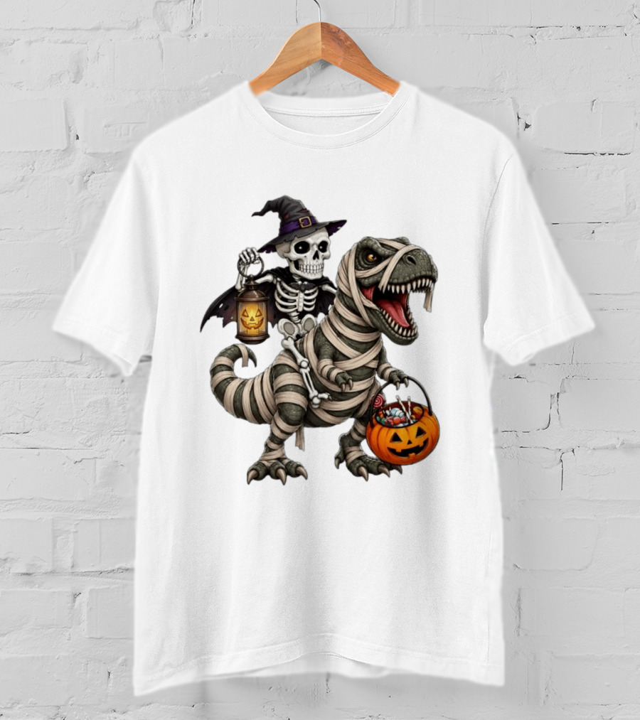 Halloween Skeleton Witch On Mummy Rex With Pumpkin Candy Bucket T-Shirt