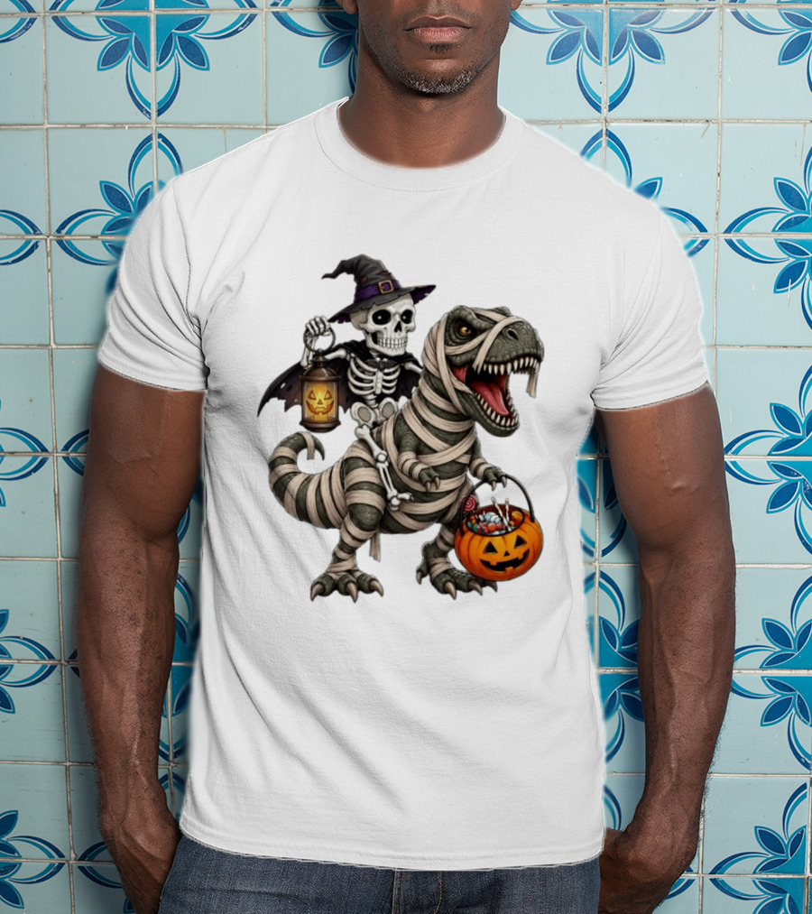 Halloween Skeleton Witch On Mummy Rex With Pumpkin Candy Bucket T-Shirt