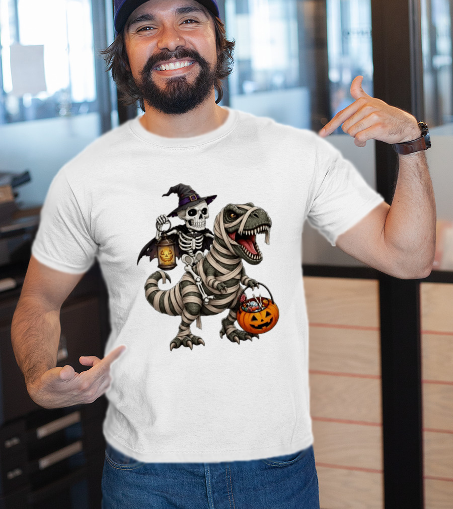 Halloween Skeleton Witch On Mummy Rex With Pumpkin Candy Bucket T-Shirt